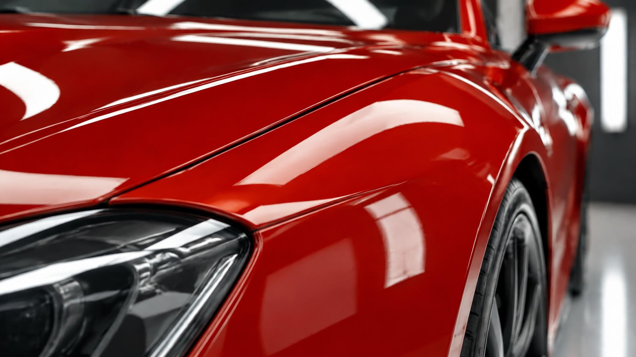 Close-up of a glossy red car body panel with a deep mirror finish